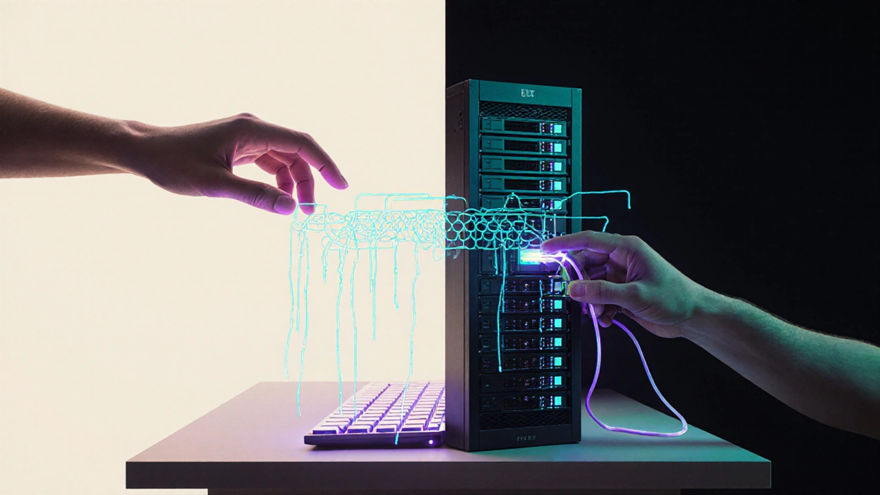 Две руки соединяются между кодом и сетевым оборудованием — символ ИТ-ролей.