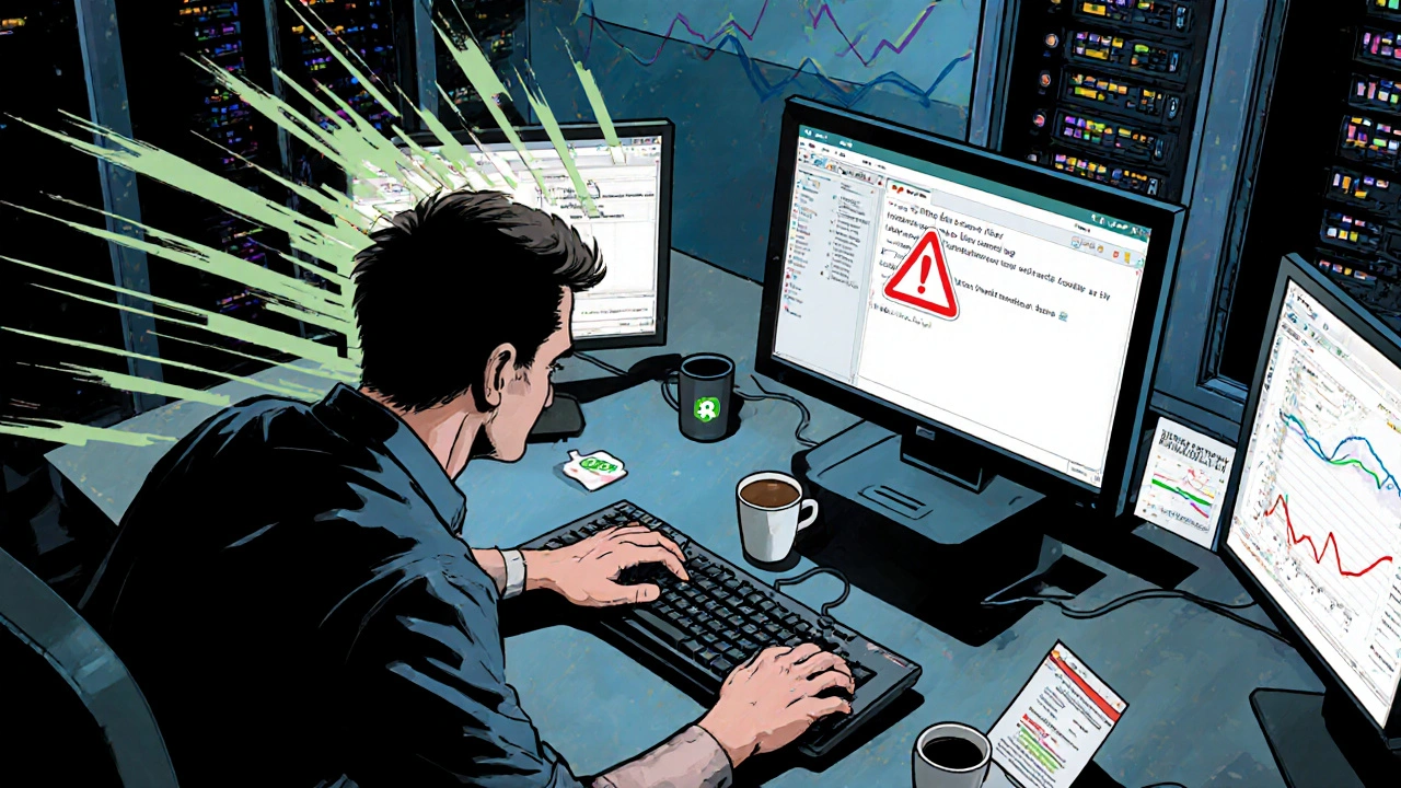 Инженер по тестированию запускает автоматизированные тесты, следя за багами на мониторах.