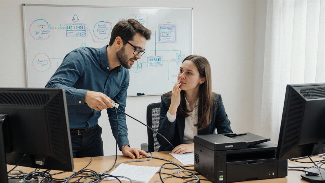 IT-специалист помогает сотруднику подключить принтер в офисе.