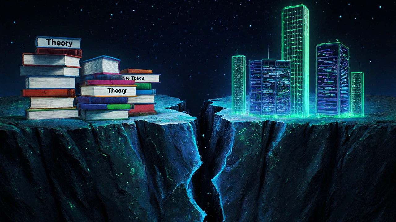 Разрыв между теорией и реальными навыками в IT, изображённый как трещина с серверами на одном краю.