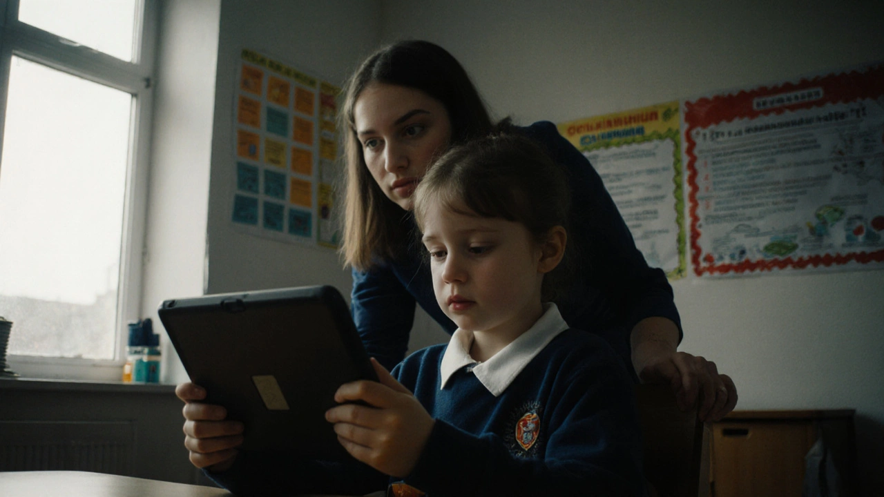 Ребёнок в сельской школе использует планшет в послеурочном цифровом кабинете.