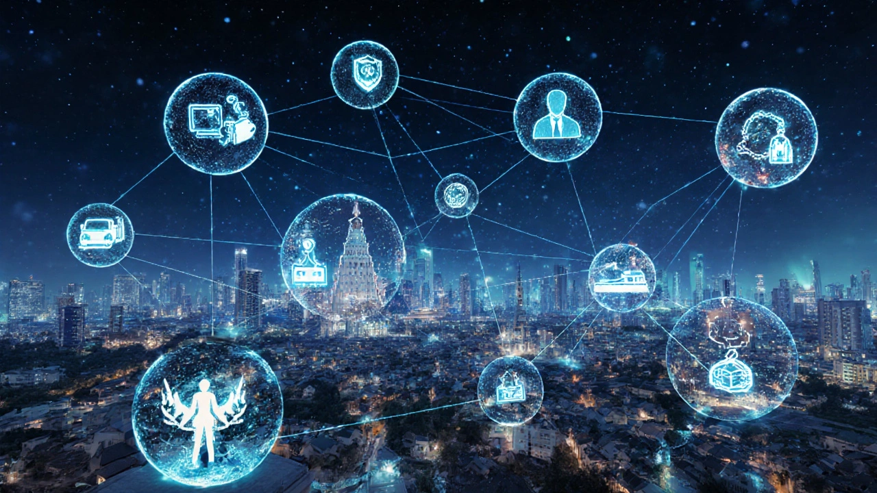 Схематичное изображение взаимосвязанных сфер жизни, где технологии пронизывают город и деревню.