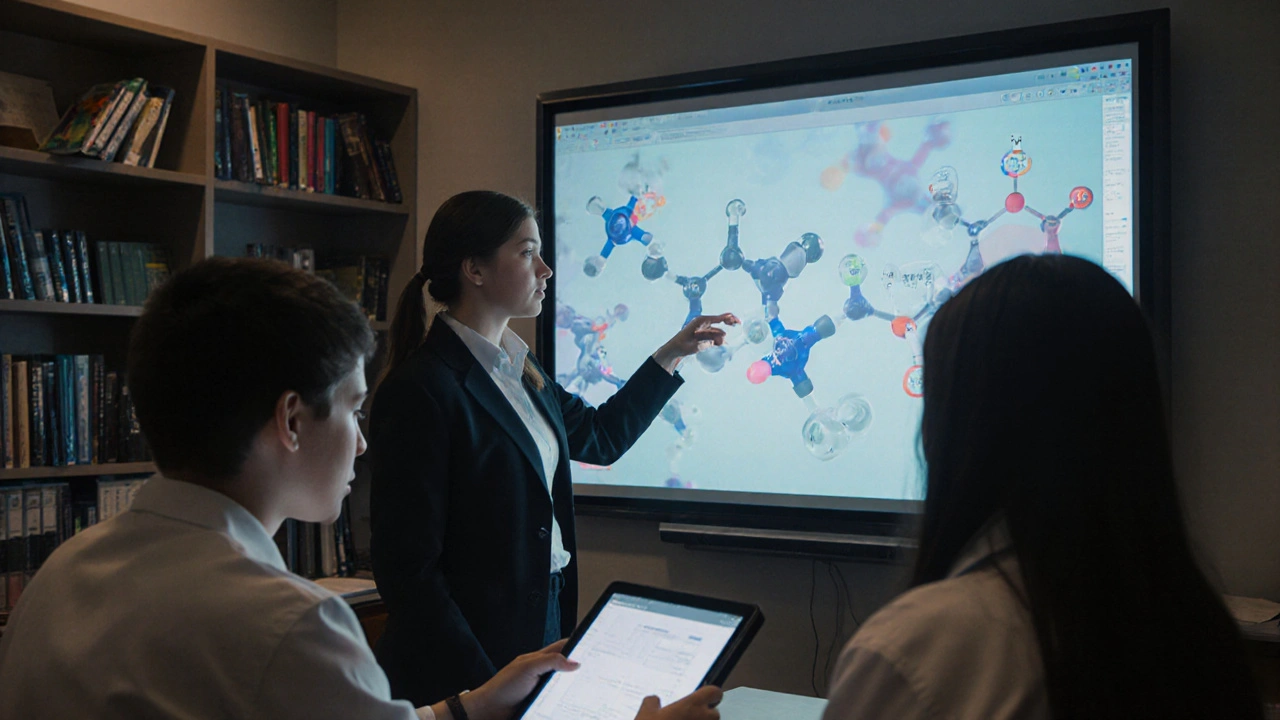 Учитель показывает виртуальную лабораторию по химии ученикам в классе.