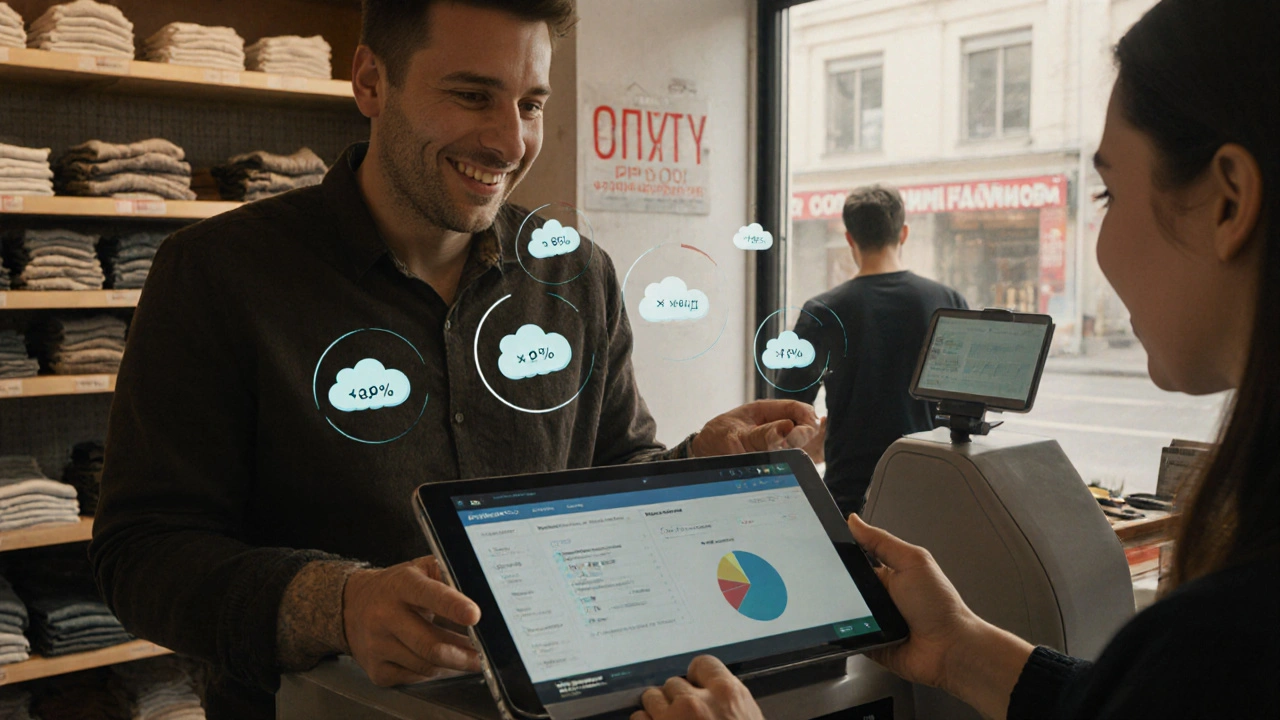 Владелец магазина в Ростове-на-Дону смотрит на панель с ростом продаж и снижением потерь товаров.