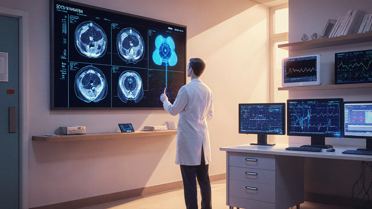 Врач наблюдает за анализом медицинского скана с помощью ИИ в российской больнице.