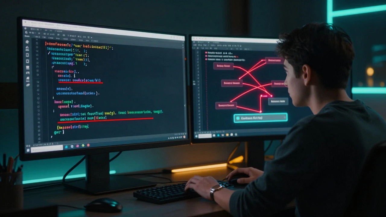 Разработчик видит ошибки в коде: линтер выделяет форматирование, SAST отслеживает поток данных к уязвимости.