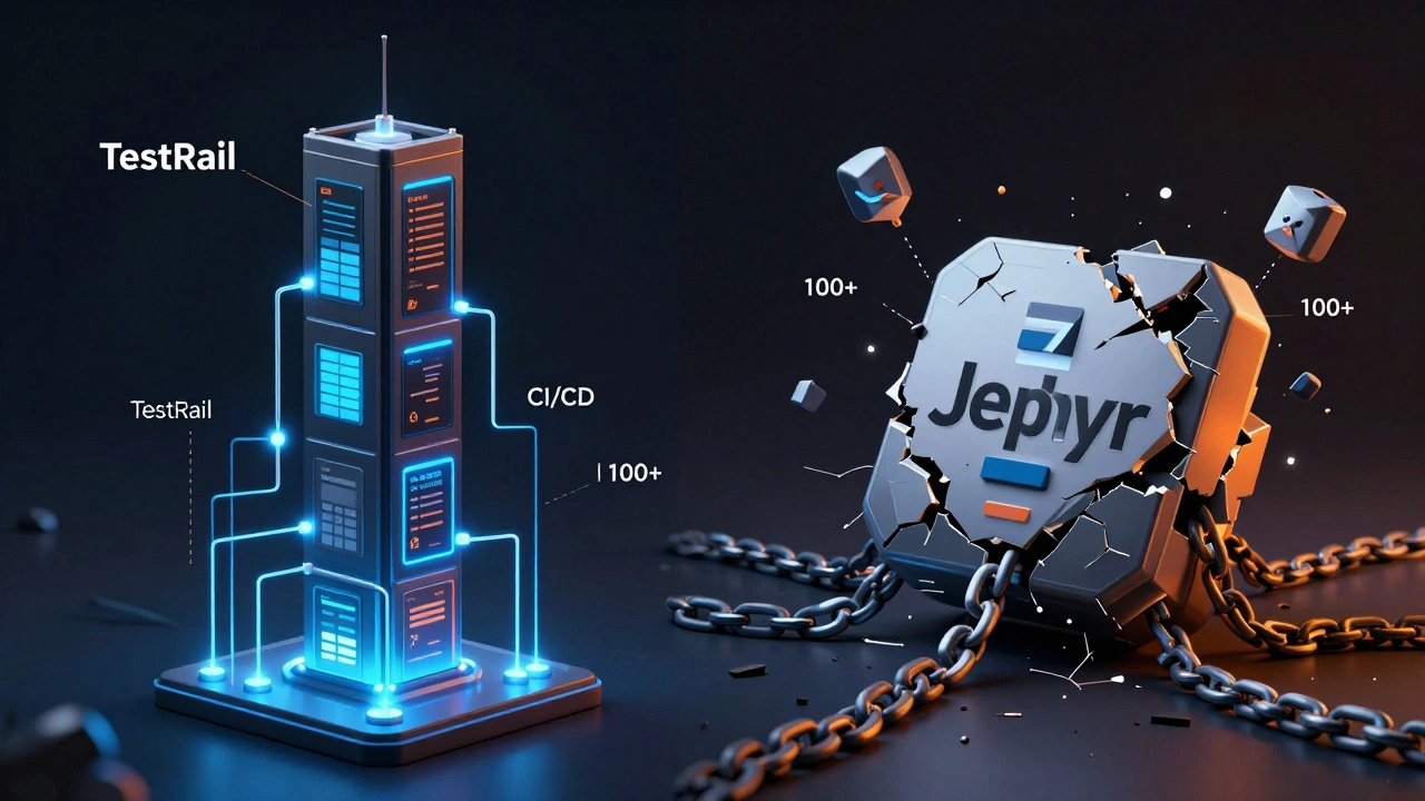 Abstract contrast: TestRail as a growing modular tower vs Zephyr as a crumbling Jira plugin.