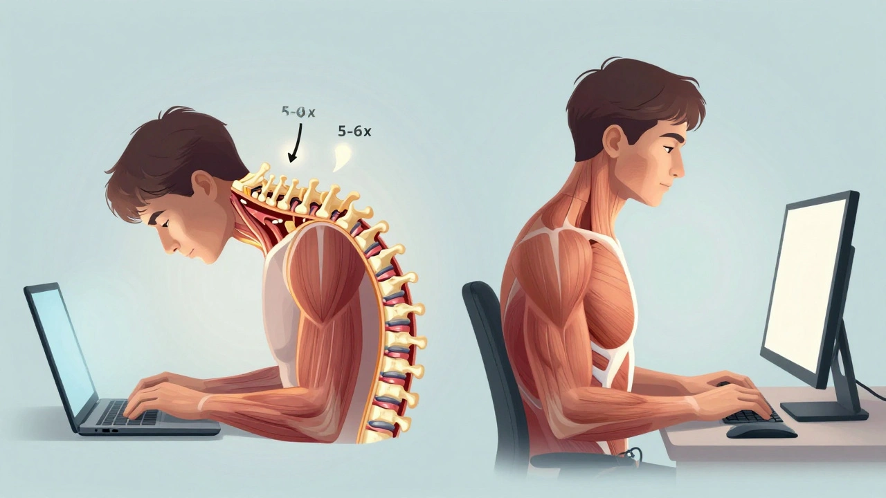 Анатомическая иллюстрация шеи: сравнение нагрузки на позвонки при неправильной и правильной высоте экрана.