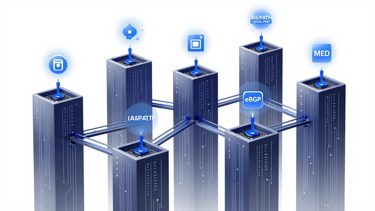 Автономные системы как города, соединённые внешними и внутренними маршрутами с атрибутами BGP, такими как AS_PATH и LOCAL_PREF.