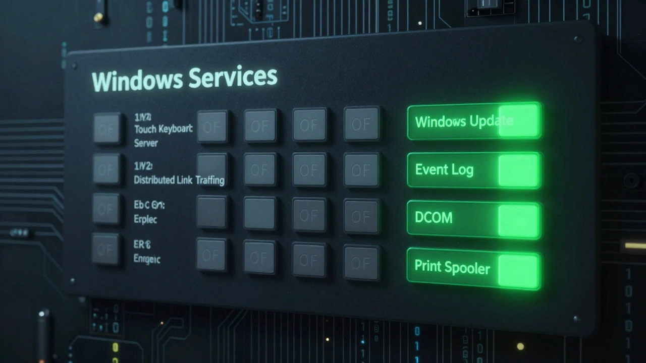 Цифровая панель с переключателями: 12 отключённых служб слева и 4 критических служб справа с зелёным свечением.