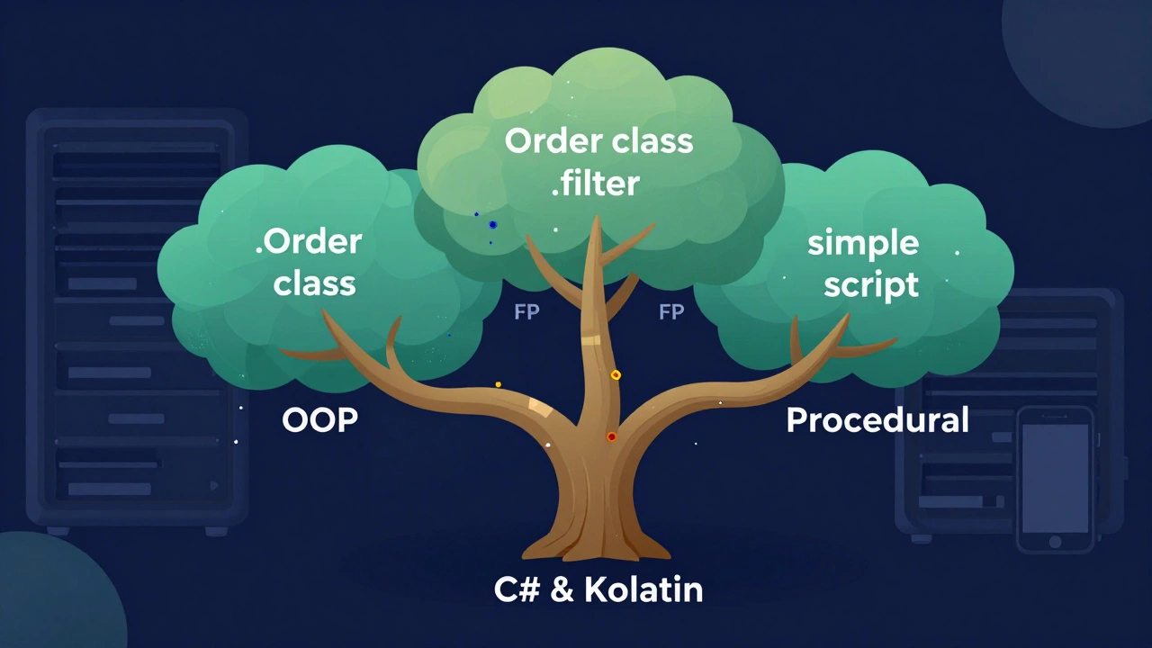 Дерево с тремя ветвями: OOP, FP и процедурный подход, растущее из языков C# и Kotlin.