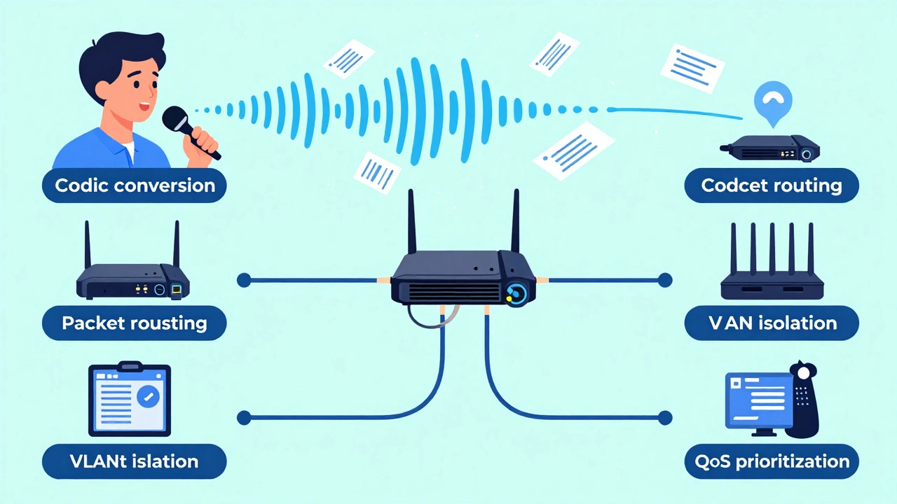 Диаграмма передачи голоса в виде цифровых пакетов через сеть с выделением этапов кодека и маршрутизации.