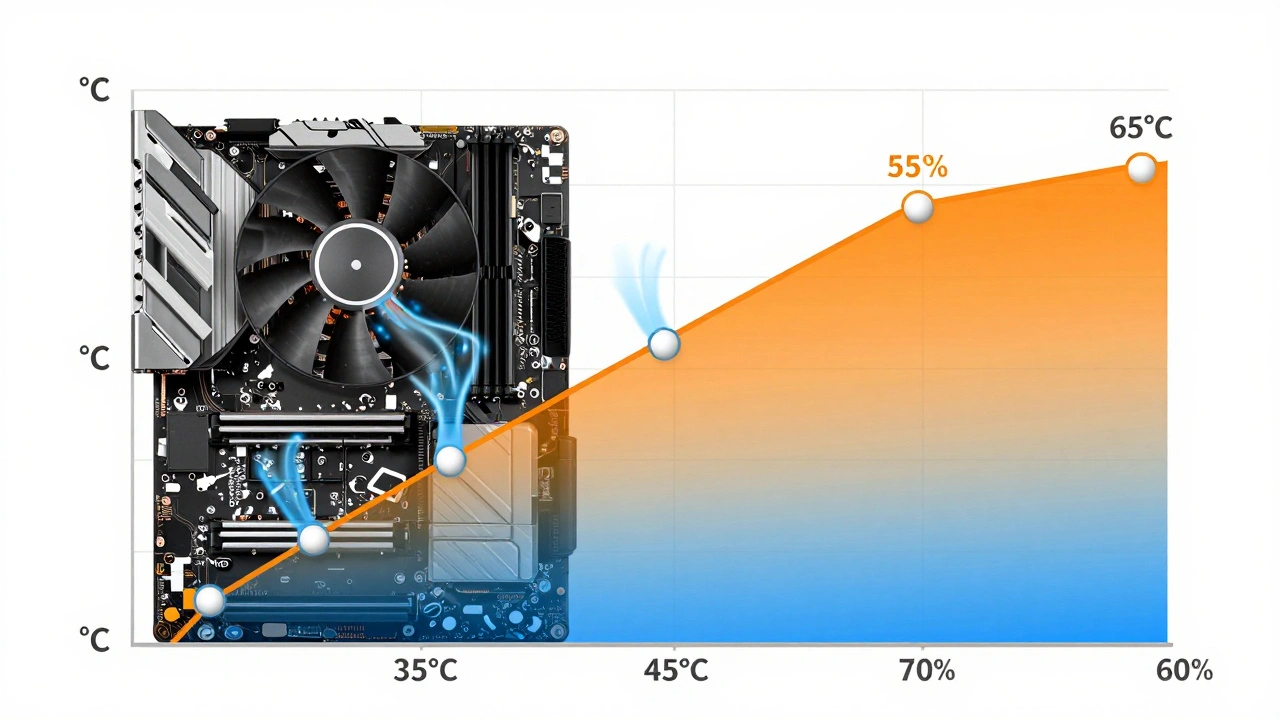 Динамический график кривой вентиляторов с контрольными точками и воздушными потоками вокруг GPU.