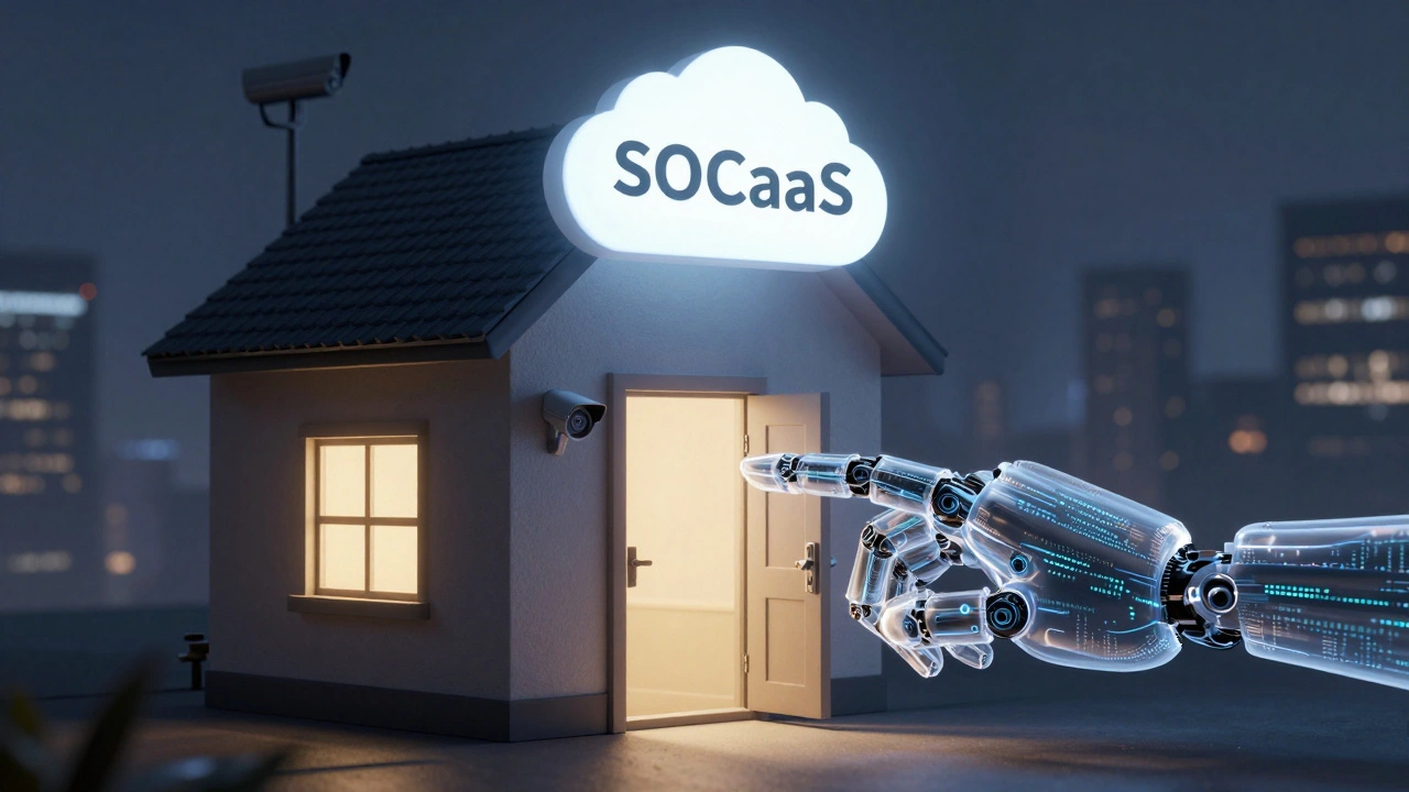 Дом с цифровыми замками, закрываемыми роботизированной рукой из данных, под защитой облачного логотипа SOCaaS.