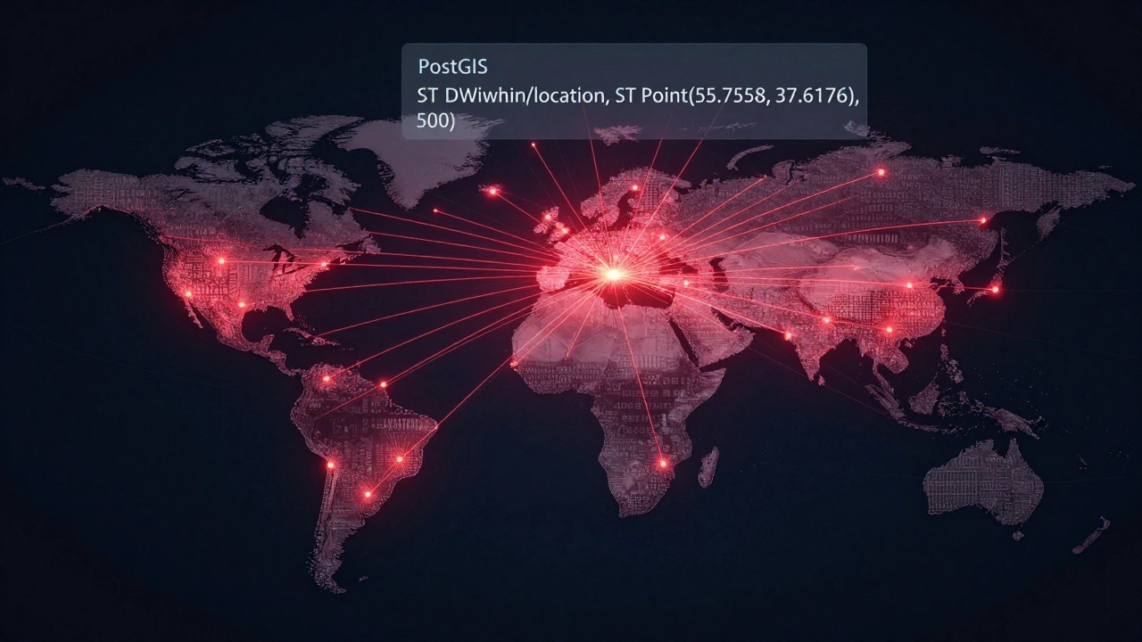 Геопространственная сеть доставки с радиусом 500 метров вокруг Москвы, визуализированная через PostGIS.