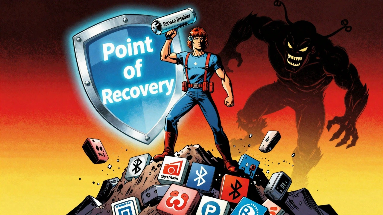Герой в стиле винтажной комикс-арт отключает ненужные службы, разрушая монстра системных тормозов, за спиной щит точки восстановления.