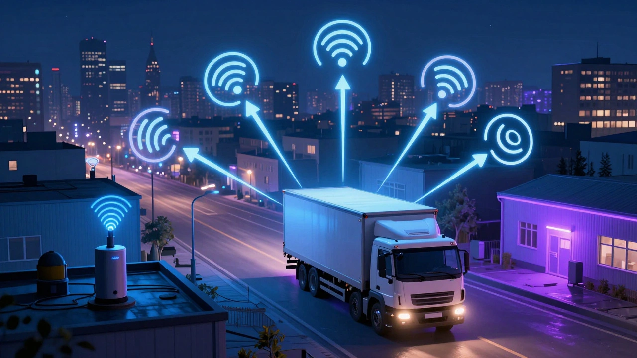 Грузовик в российском городе с пересекающимися сигналами GNSS и LoRaWAN-шлюзов на крышах.