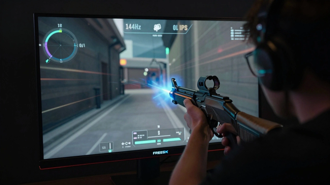 Интенсивный игровой момент на 144 Гц мониторе: игрок прицеливается в темной сцене с четкими HUD-элементами.