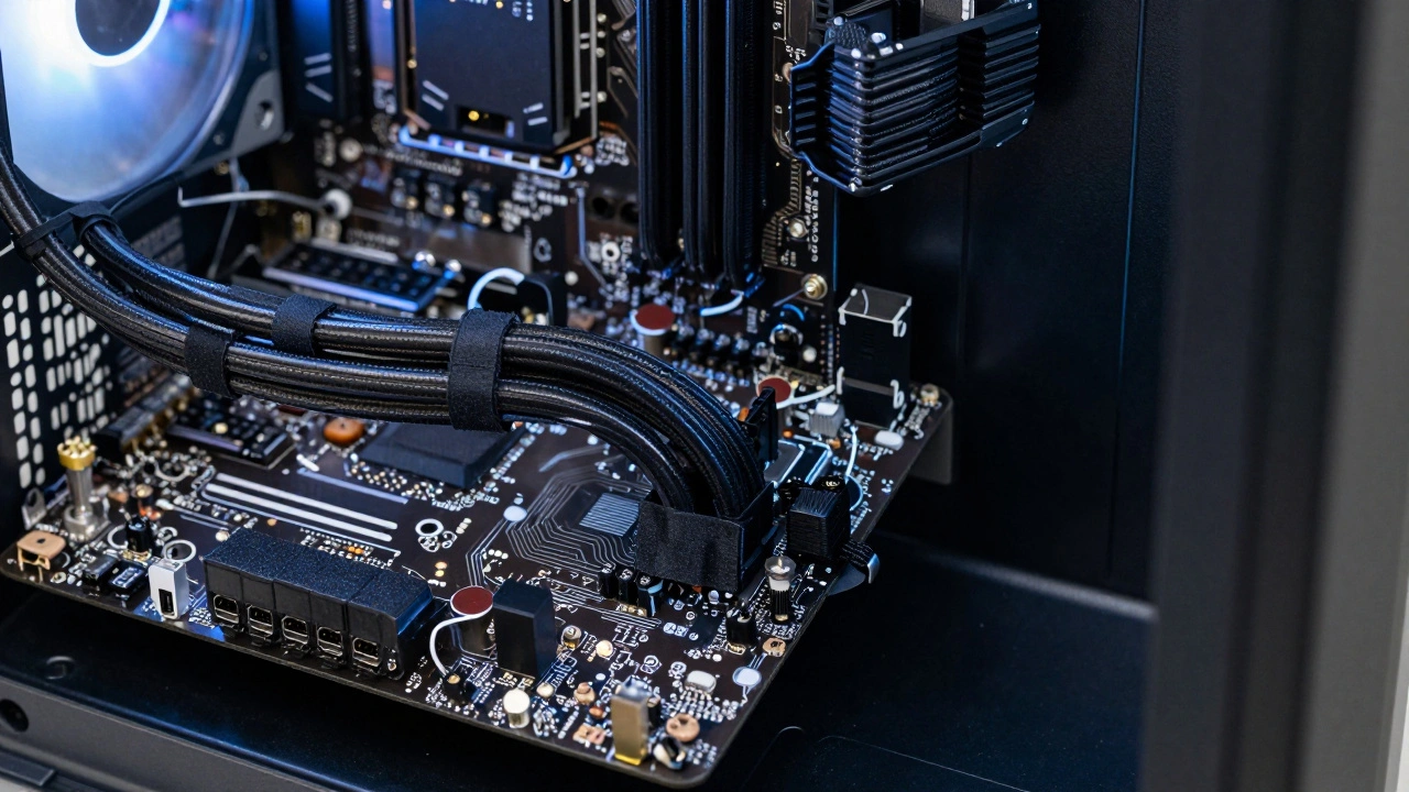 Интерьер компьютерного корпуса с организованными проводами и подсветкой