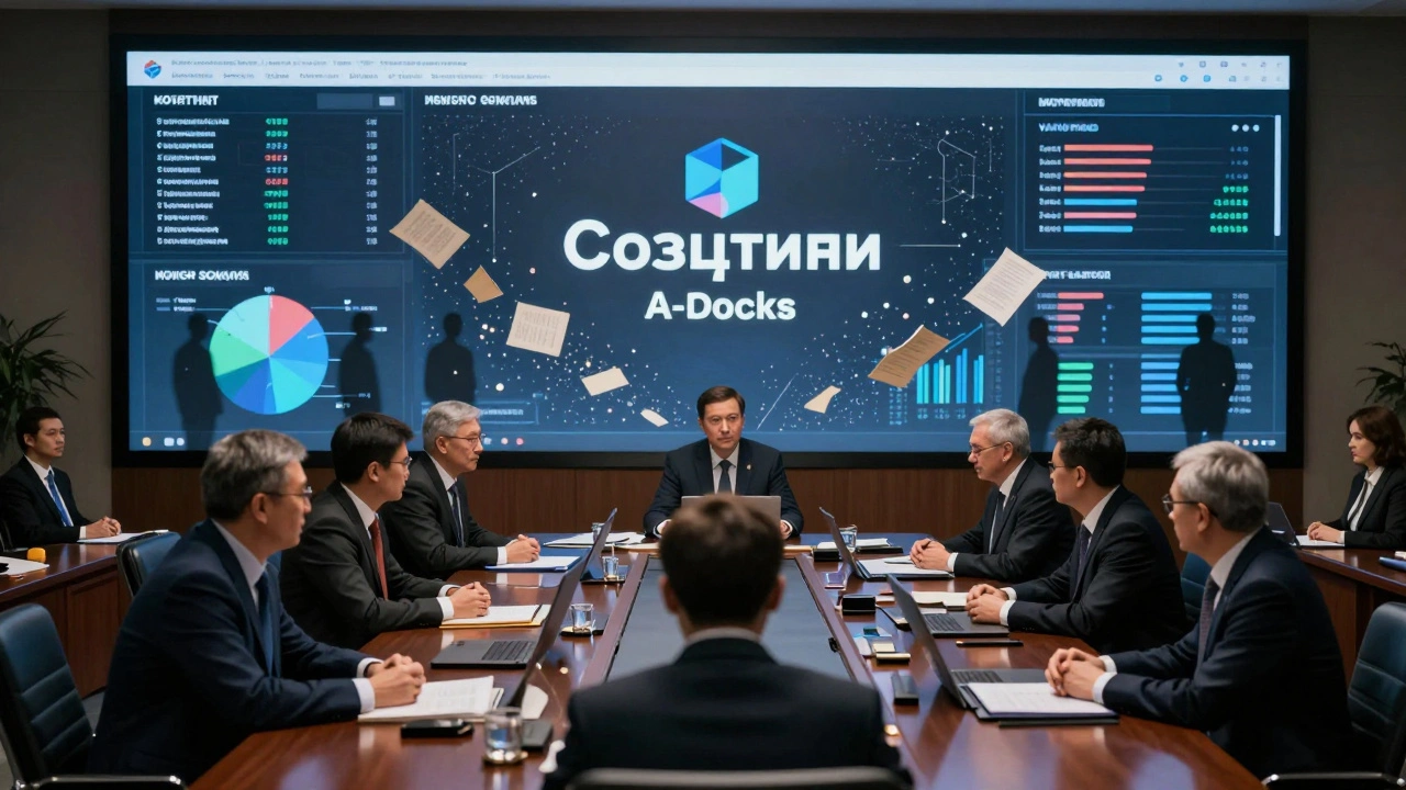 Команда в российской компании смотрит на аналитику ИИ, старые процессы исчезают в цифрах.