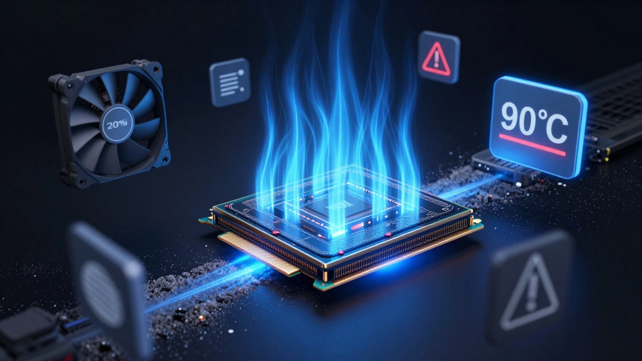 Концептуальное изображение чипа GPU с тепловыми потоками, вентиляторами и пределом в 90°C.