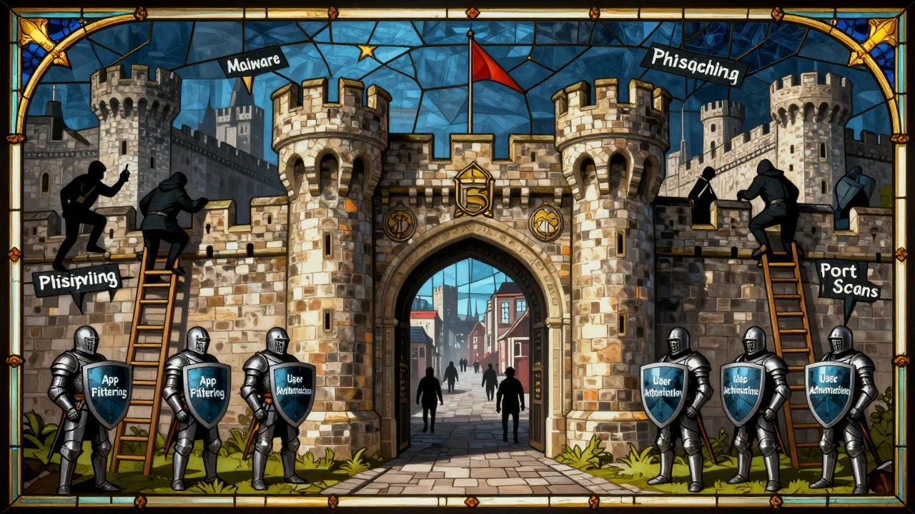 Концептуальное изображение городских ворот как периметрального фаервола, защищающего город от хакеров.