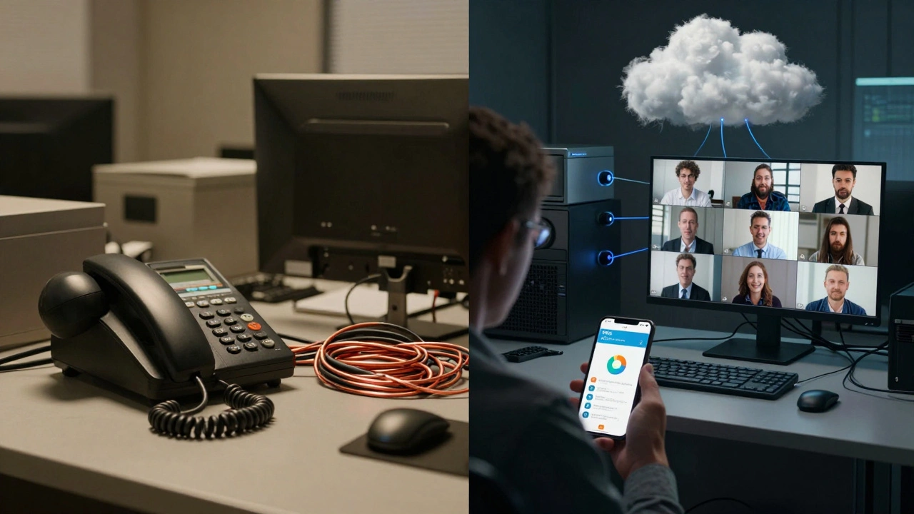 Контраст между устаревшей телефонной системой и современной IP-телефонией в офисе.