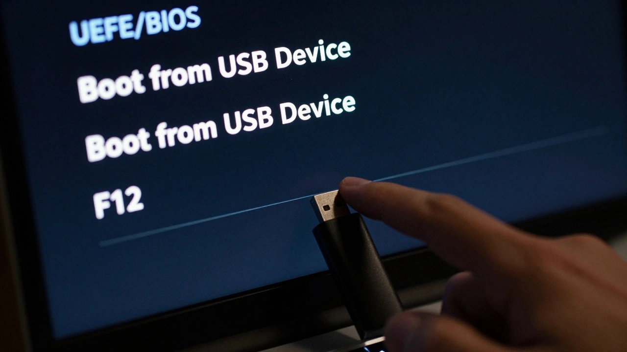 Меню загрузки UEFI с выделенной опцией загрузки с USB, рука готова нажать F12.