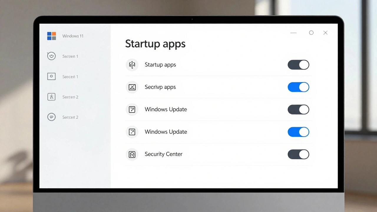 Настройки Windows 11: переключатели автозагрузки отключены для ненужных приложений, важные службы включены.