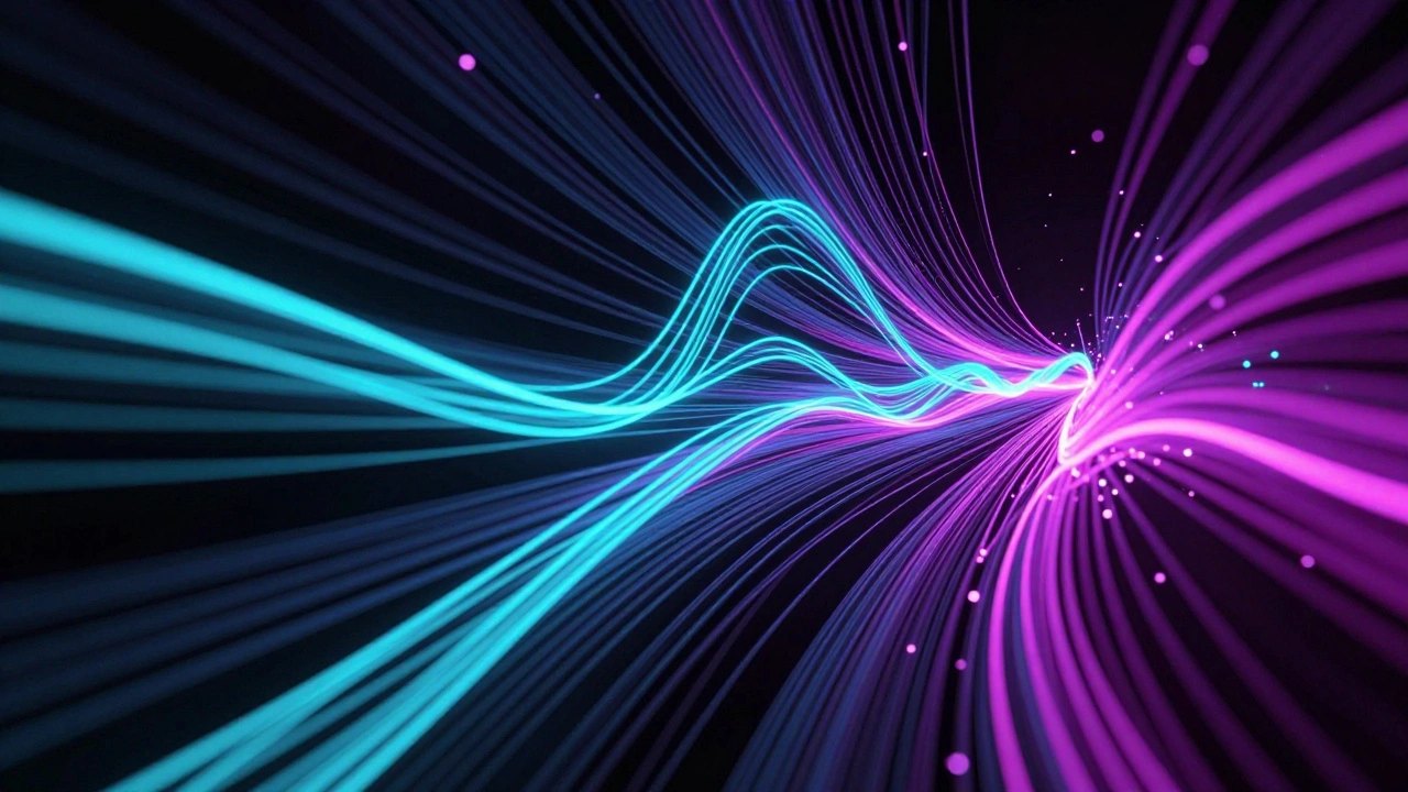 Неоновые световые потоки символизируют высокую скорость данных.