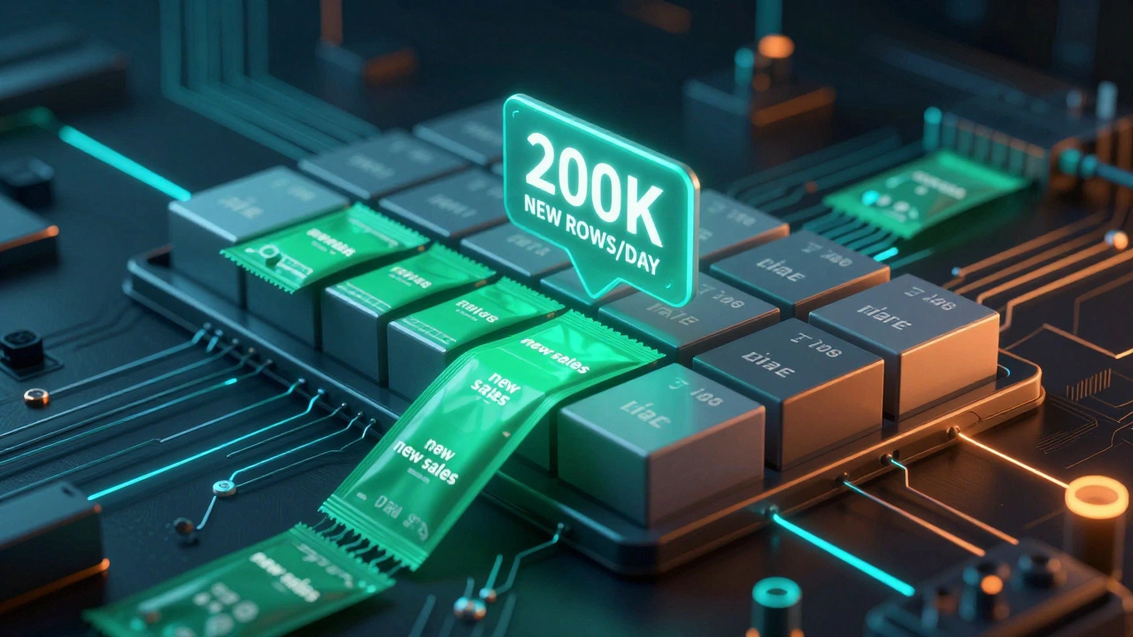 Поток новых данных загружается в партиционированную таблицу, старые данные затухают.