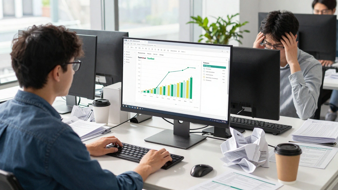QA team comparing TestRail reports with manual Zephyr data entry in a modern office.