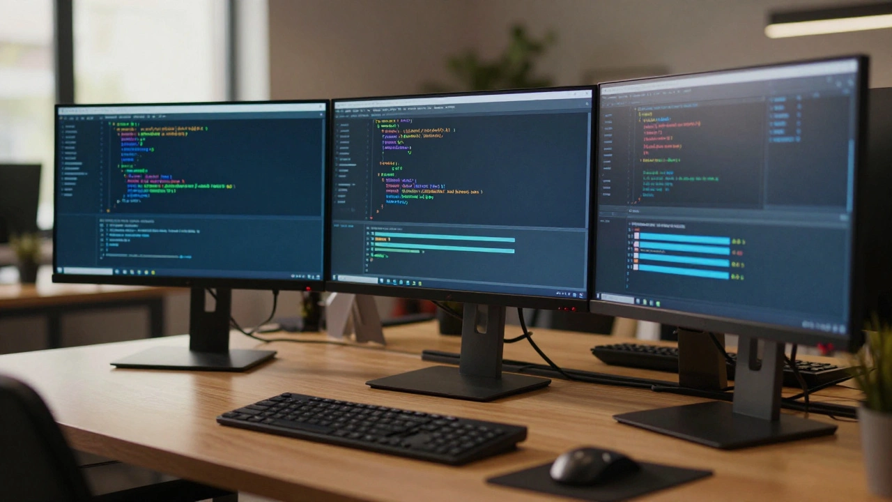 Рабочее место разработчика с мониторингом безопасности кода на экранах