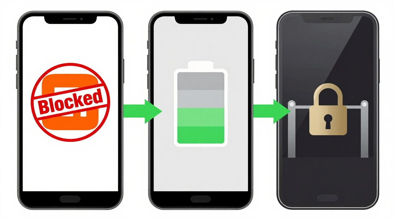 Разобранный смартфон с логотипами брендов, каждый показывает свою блокировку уведомлений.
