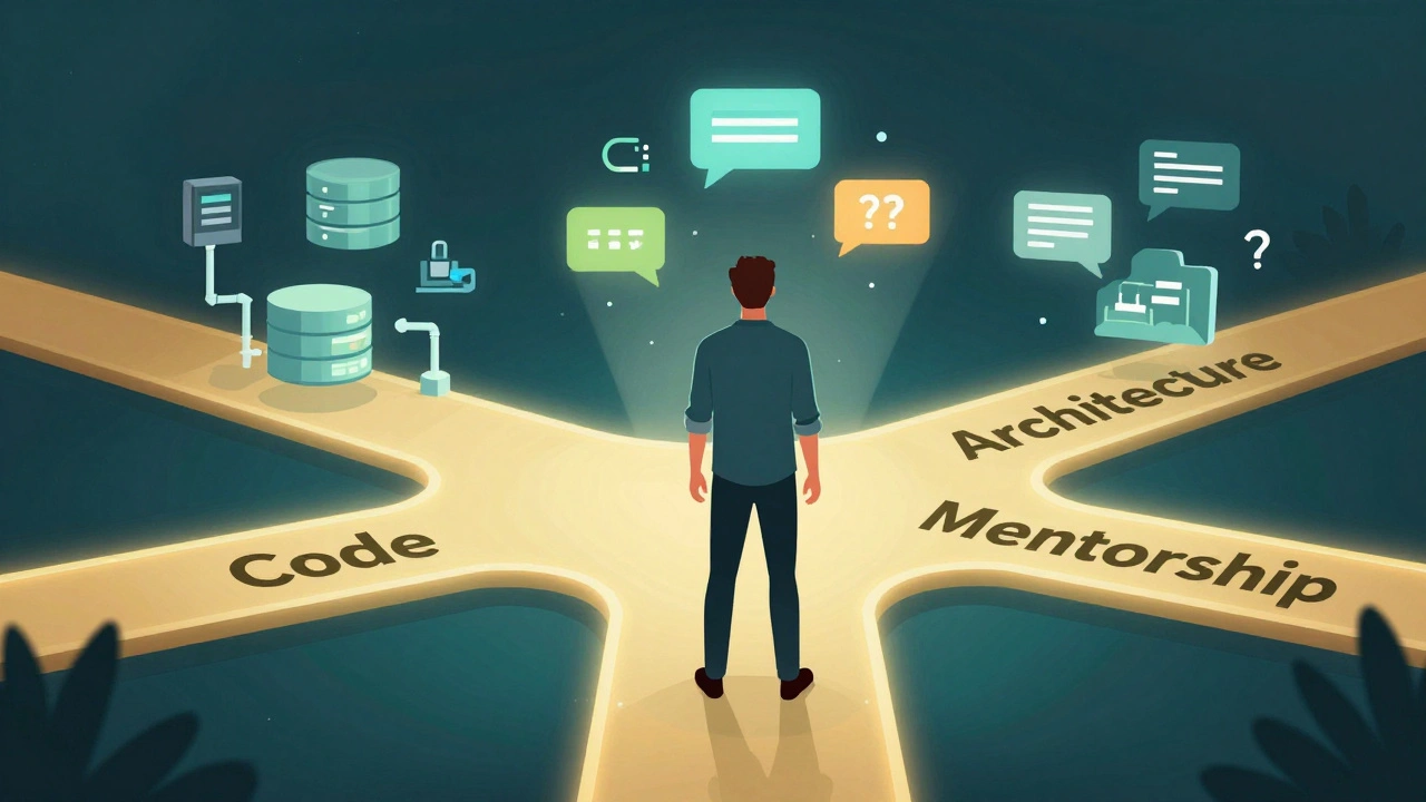 Разработчик на перепутье между кодом, архитектурой и наставничеством — символ перехода от исполнителя к системному мышлению.