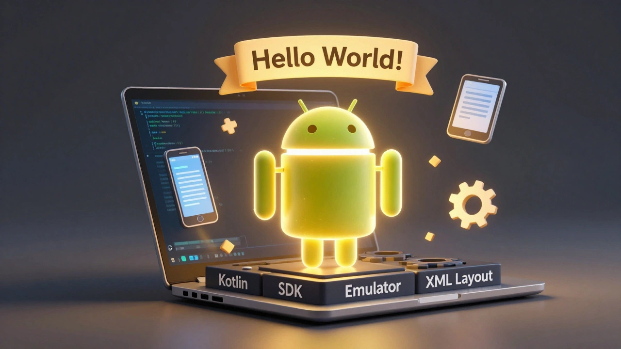 Робот Android, выходящий из экрана ноутбука, окруженный элементами разработки приложения.