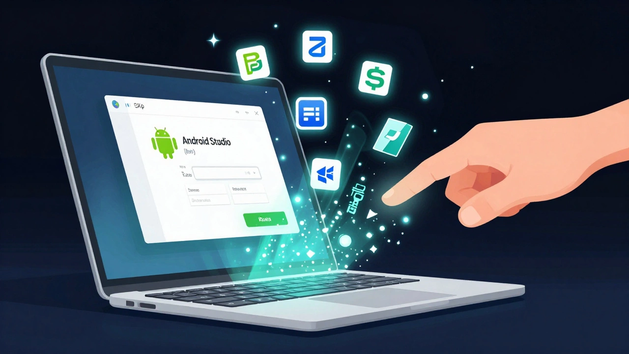 Рука перетаскивает установщик Android Studio на ноутбук, вокруг — потоки кода и инструментов.