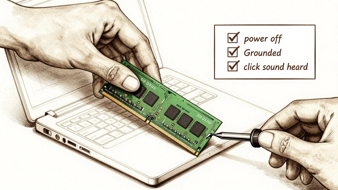 Руководство по установке SO-DIMM: рука вставляет модуль памяти под углом в слот ноутбука.