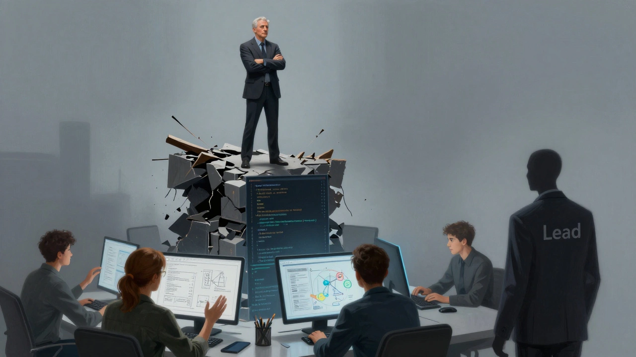 Сениор-разработчик как архитектор, стоящий над рушащейся башней кода, в то время как лидер уходит от клавиатуры.