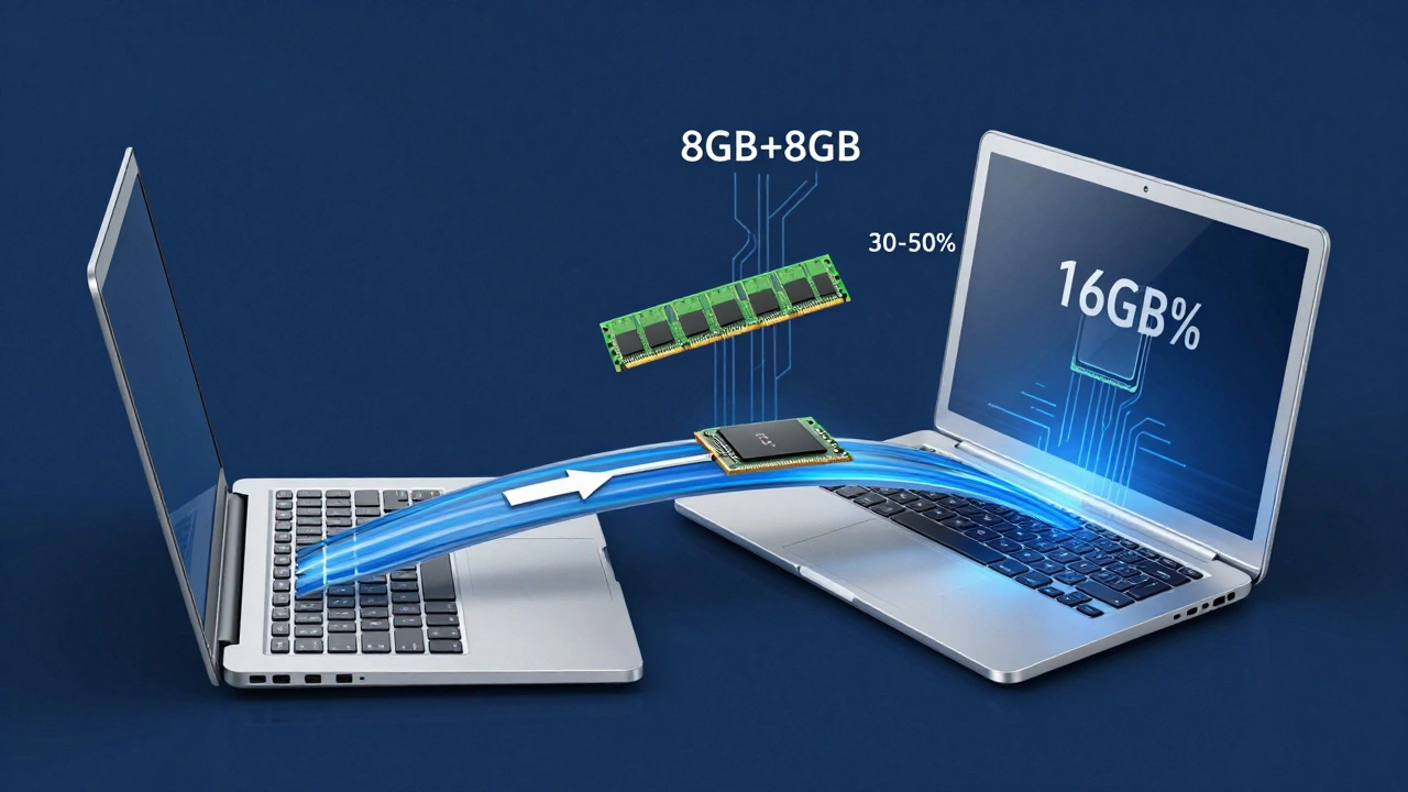 Схематичное сравнение одноканального и двухканального режимов работы оперативной памяти в ноутбуке.