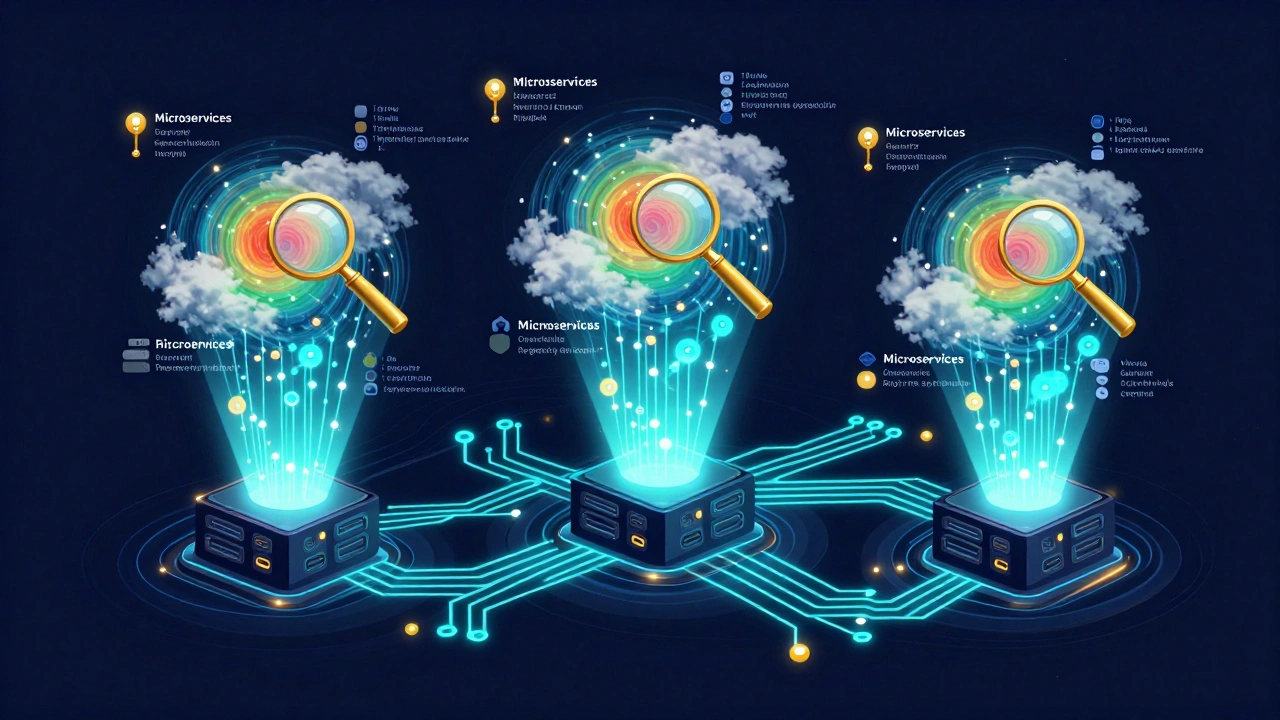 Синие метрики и золотые логи связывают микросервисы на схеме
