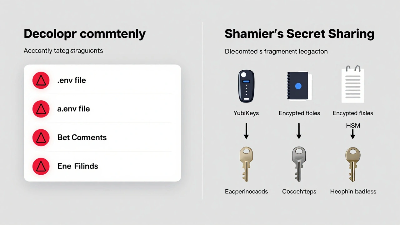 Слева: ключ в .env файле попадает в Git; справа: ключ разбит на части и хранится на YubiKey, файлах и HSM.