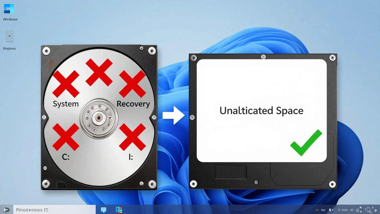 Слева — старые разделы диска с крестами, справа — чистое незанятое пространство и чистый рабочий стол Windows 11.