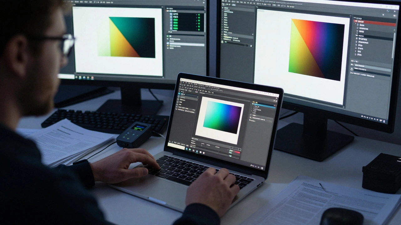Специалист калибрует экран ноутбука с помощью датчика в тёмной студии.