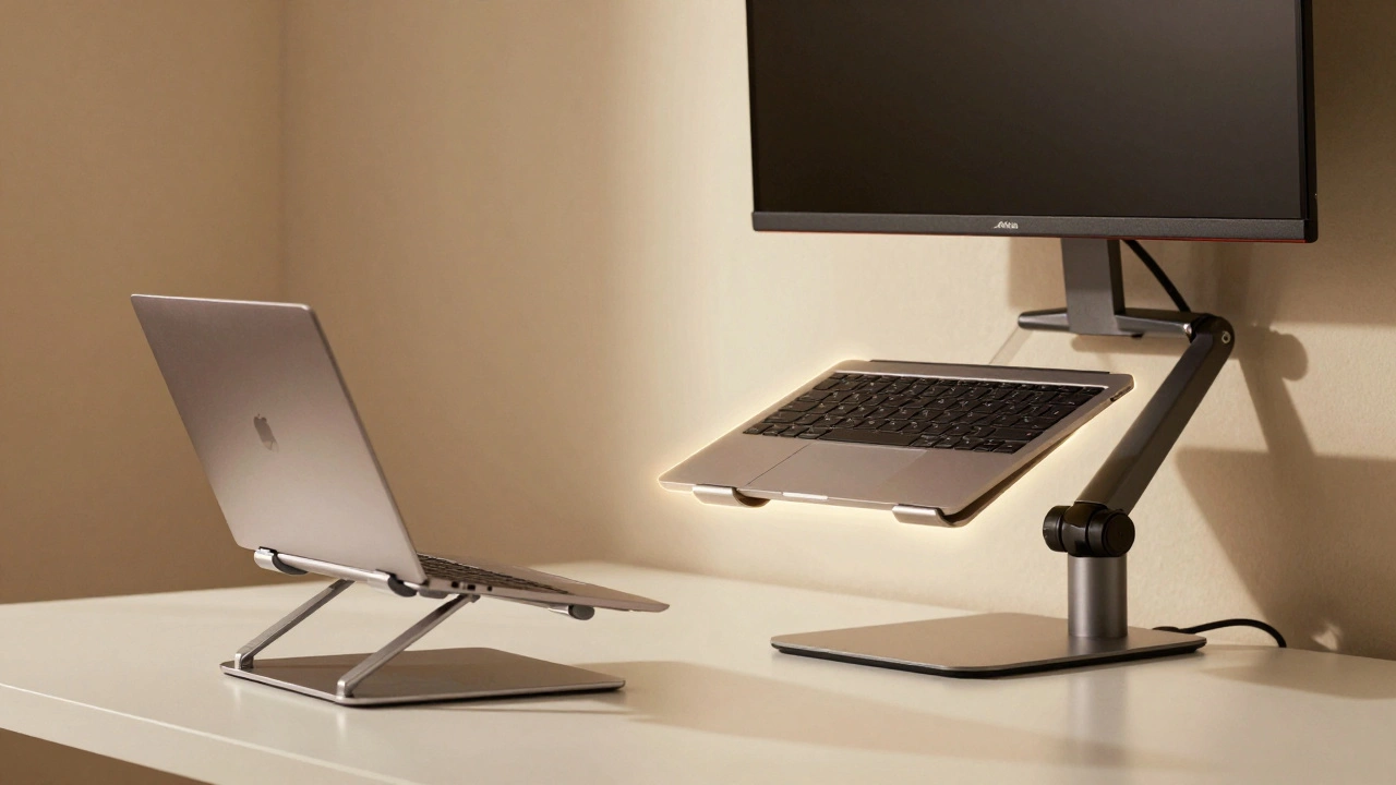 Сравнение двух рабочих столов: один с неправильной подставкой, другой — с идеальной эргономикой и настенным монитором.