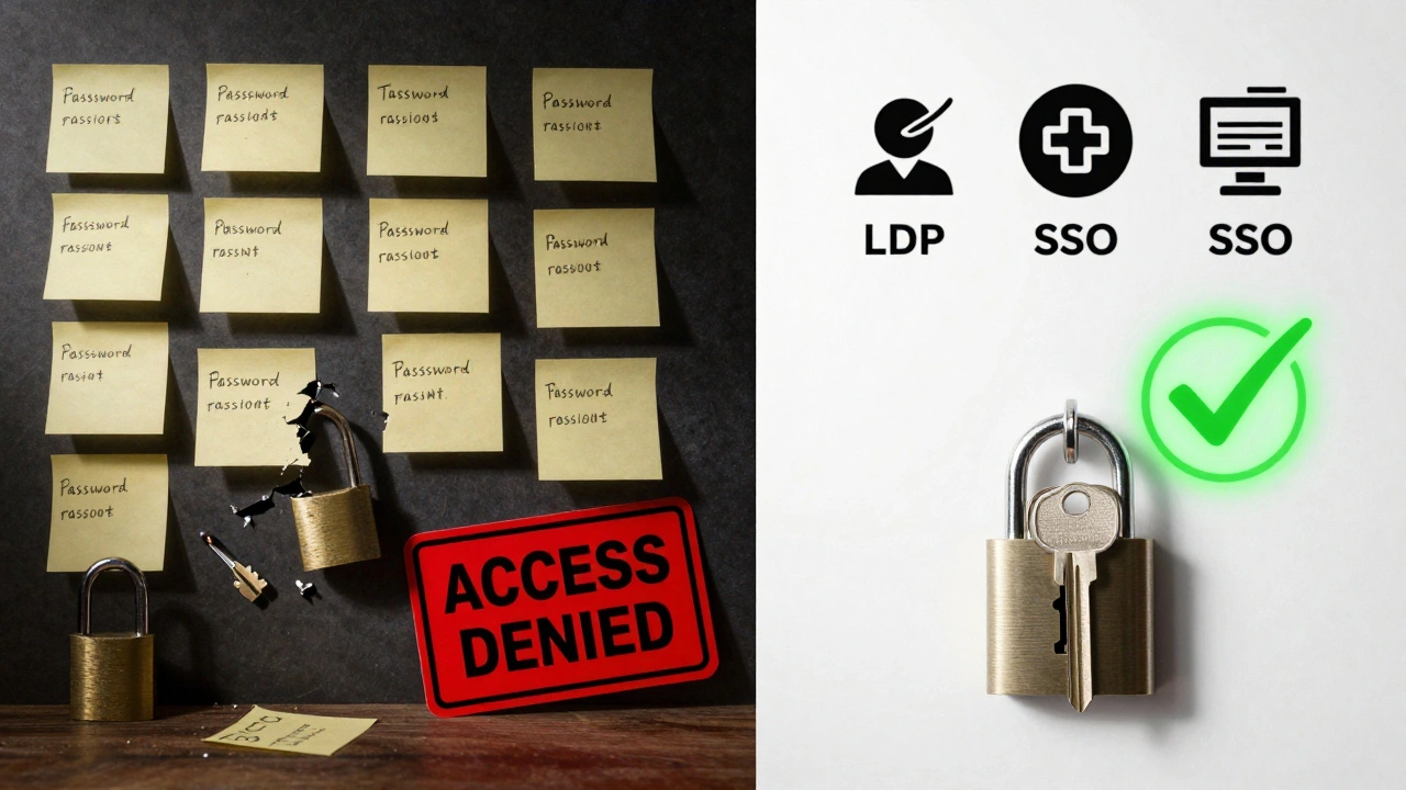 Сравнение хаоса множества паролей и простоты единого входа с символами LDAP и SSO.