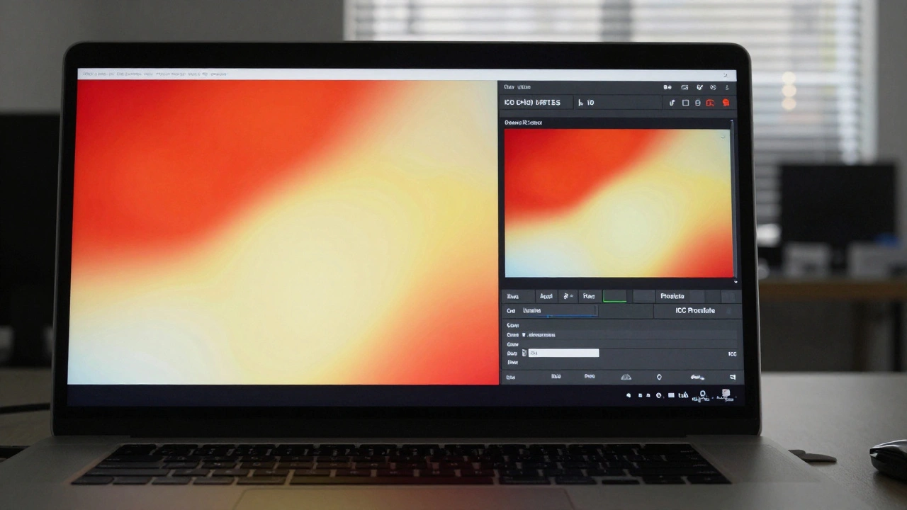Сравнение искажённых и откалиброванных цветов на экране ноутбука.