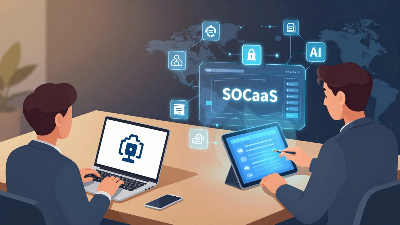 Сравнение: малый бизнес без защиты слева и тот же бизнес с SOCaaS-панелью справа, показывающей автоматическую защиту.