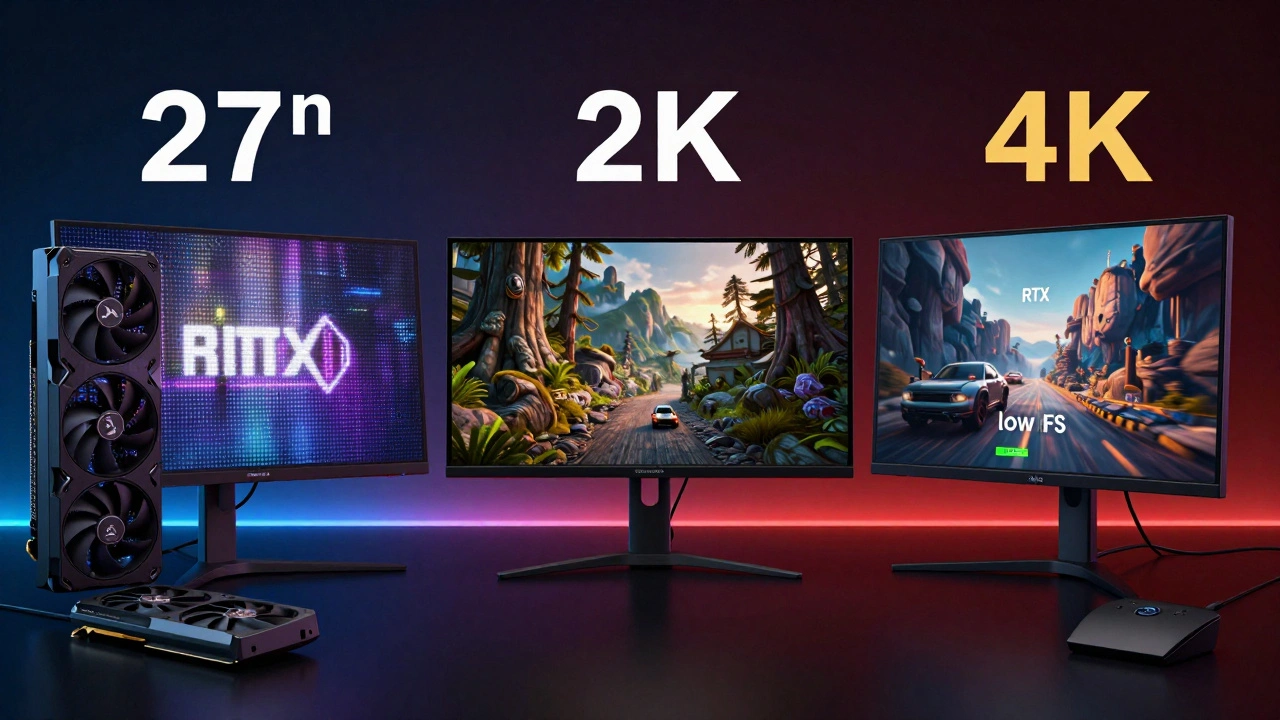 Сравнение трех мониторов: Full HD, 2K и 4K, показывающее разницу в четкости и совместимости с видеокартами.