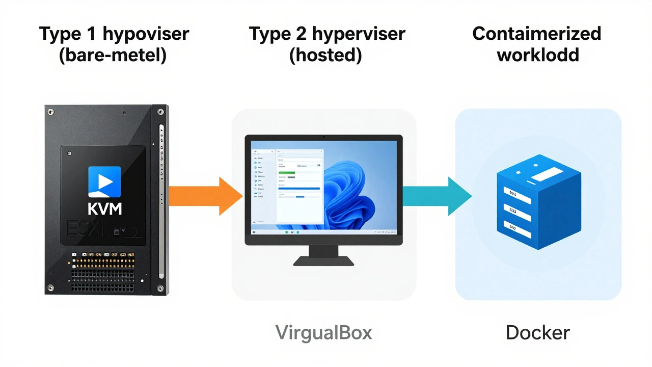 Сравнение трех типов виртуализации: аппаратной, программной и контейнерной.